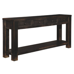 Sofa Table, 64 in W, Black Solid Wood with Four Drawers