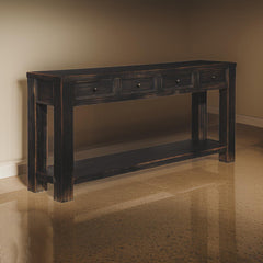 Sofa Table, 64 in W, Black Solid Wood with Four Drawers