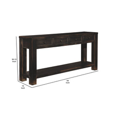 Sofa Table, 64 in W, Black Solid Wood with Four Drawers