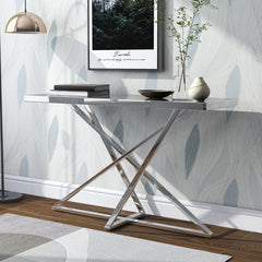 Sofa Table, Mirrored Glass Top with Silver Steel Base