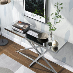 Sofa Table, Mirrored Glass Top with Silver Steel Base
