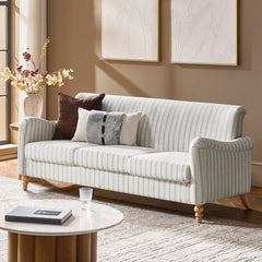 Sofa, Three-Seater, Striped Polyester with Natural Wood Legs