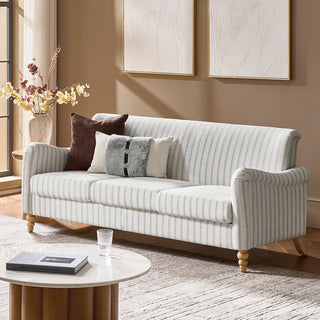 Sofa, Three-Seater, Striped Polyester with Natural Wood Legs