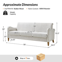 Sofa, Three-Seater, Striped Polyester with Natural Wood Legs
