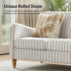 Sofa, Three-Seater, Striped Polyester with Natural Wood Legs