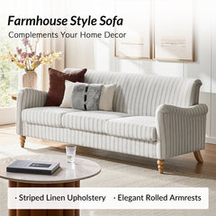 Sofa, Three-Seater, Striped Polyester with Natural Wood Legs
