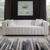 Sofa, White Velvet, 87 Inch Channel-Tufted, Gold Metal Legs