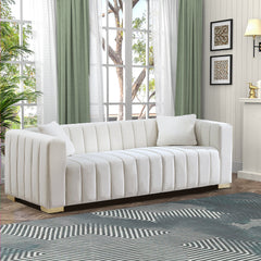 Sofa, White Velvet, 87 Inch Channel-Tufted, Gold Metal Legs