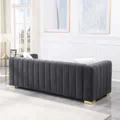 Sofa, White Velvet, 87 Inch Channel-Tufted, Gold Metal Legs
