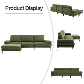 Sofa with Ottoman, Green Chenille Polyester Blend, Steel Legs