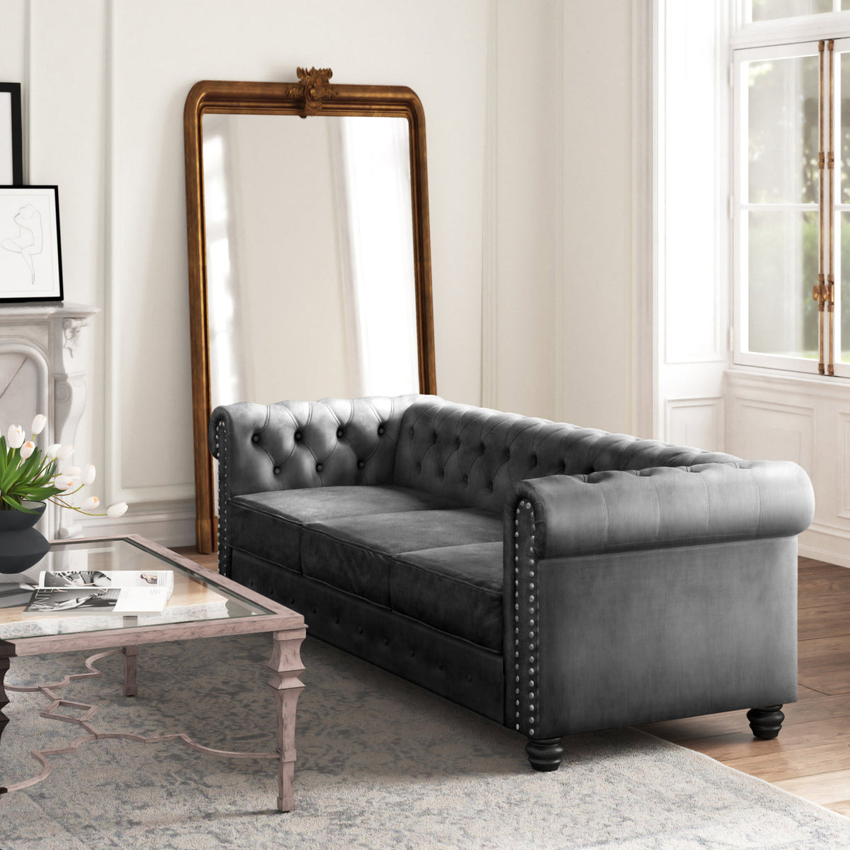 Sofa with Rolled Arms, 84 in Wide, Gray with Black Wood Legs