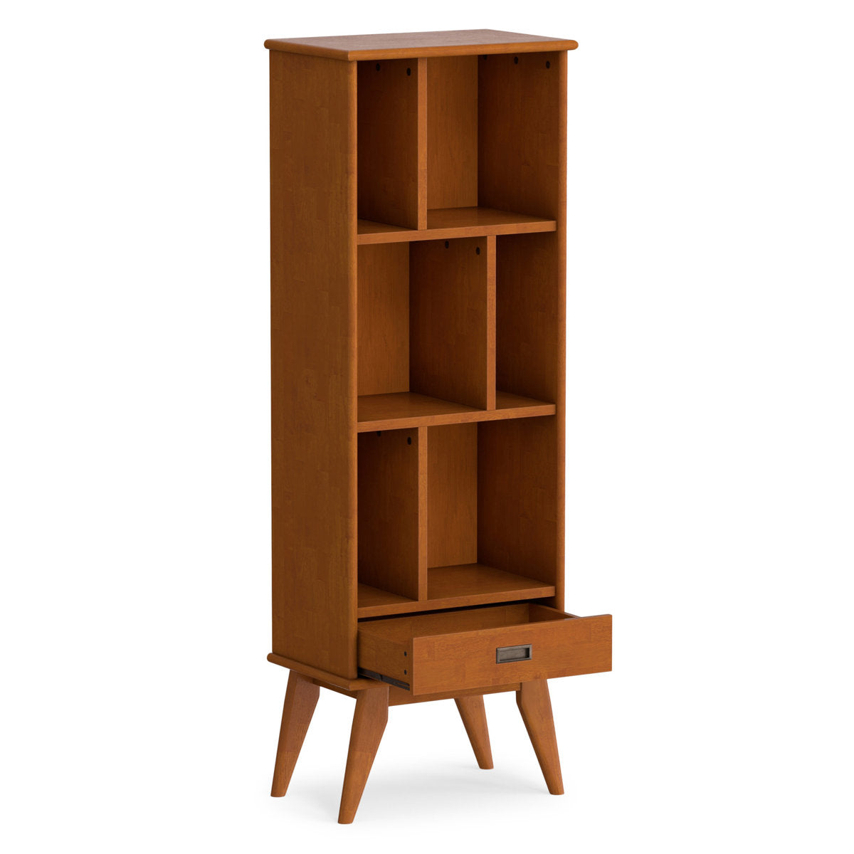 Solid Wood Bookcase with Six Shelves and Drawer, Mid-Century Modern