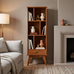 Solid Wood Bookcase with Six Shelves and Drawer, Mid-Century Modern