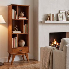 Solid Wood Bookcase with Six Shelves and Drawer, Mid-Century Modern