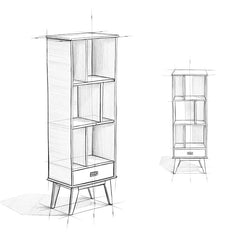 Solid Wood Bookcase with Six Shelves and Drawer, Mid-Century Modern