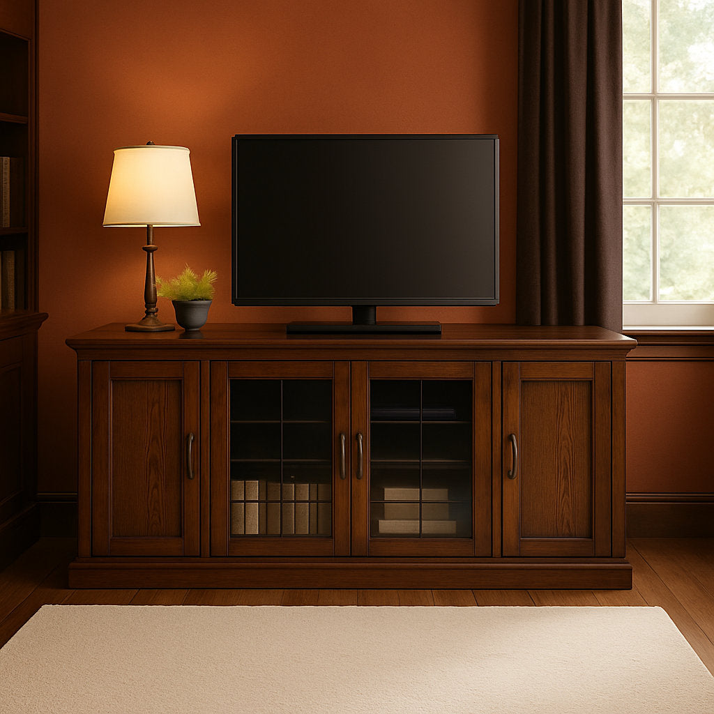 Solid Wood TV Stand with Glass Doors in Burnished Oak