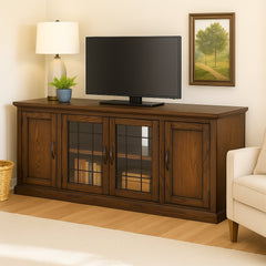 Solid Wood TV Stand with Glass Doors in Burnished Oak