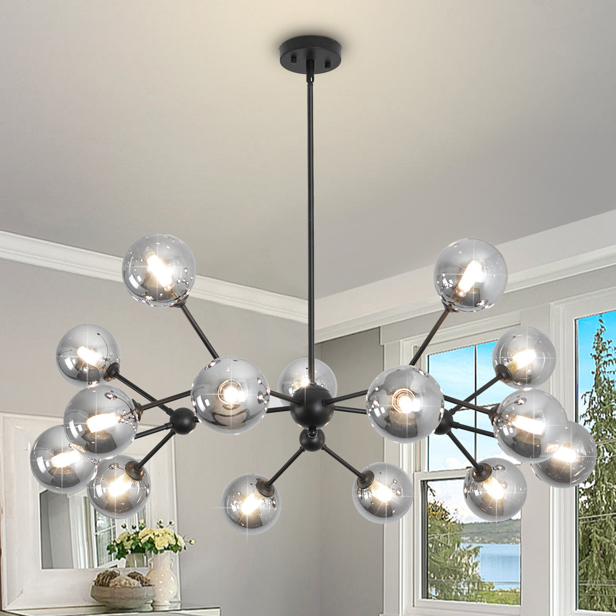 Sputnik Chandelier, 15-Light, Matte Black Iron with Glass Globes