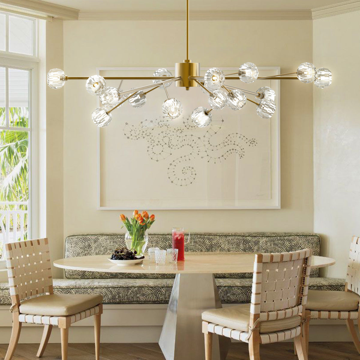 Sputnik Chandelier, 18 Lights, Brass Gold Metal with Crystal Shades