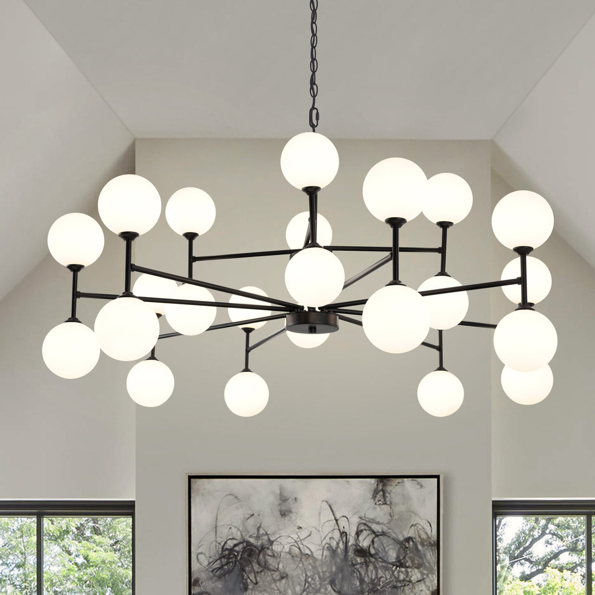 Sputnik Chandelier, 24 Lights, Matte Black Metal with White Glass Shades