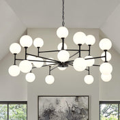 Sputnik Chandelier, 24 Lights, Matte Black Metal with White Glass Shades