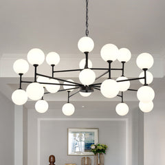 Sputnik Chandelier, 24 Lights, Matte Black Metal with White Glass Shades