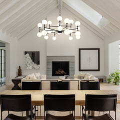 Sputnik Chandelier, 24 Lights, Matte Black Metal with White Glass Shades