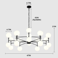 Sputnik Chandelier, 24 Lights, Matte Black Metal with White Glass Shades