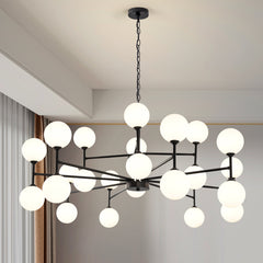 Sputnik Chandelier, 24 Lights, Matte Black Metal with White Glass Shades
