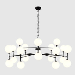 Sputnik Chandelier, 24 Lights, Matte Black Metal with White Glass Shades