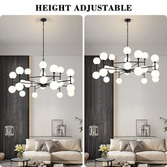 Sputnik Chandelier, 24 Lights, Matte Black Metal with White Glass Shades