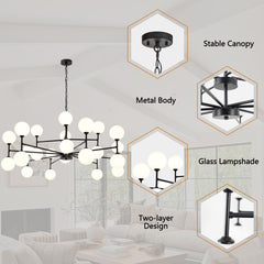 Sputnik Chandelier, 24 Lights, Matte Black Metal with White Glass Shades