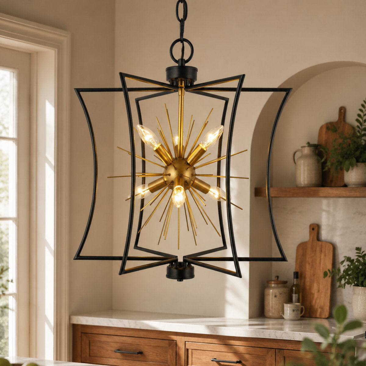 Sputnik Chandelier, 6-Light, Matte Black Cage with Dark Gold Core