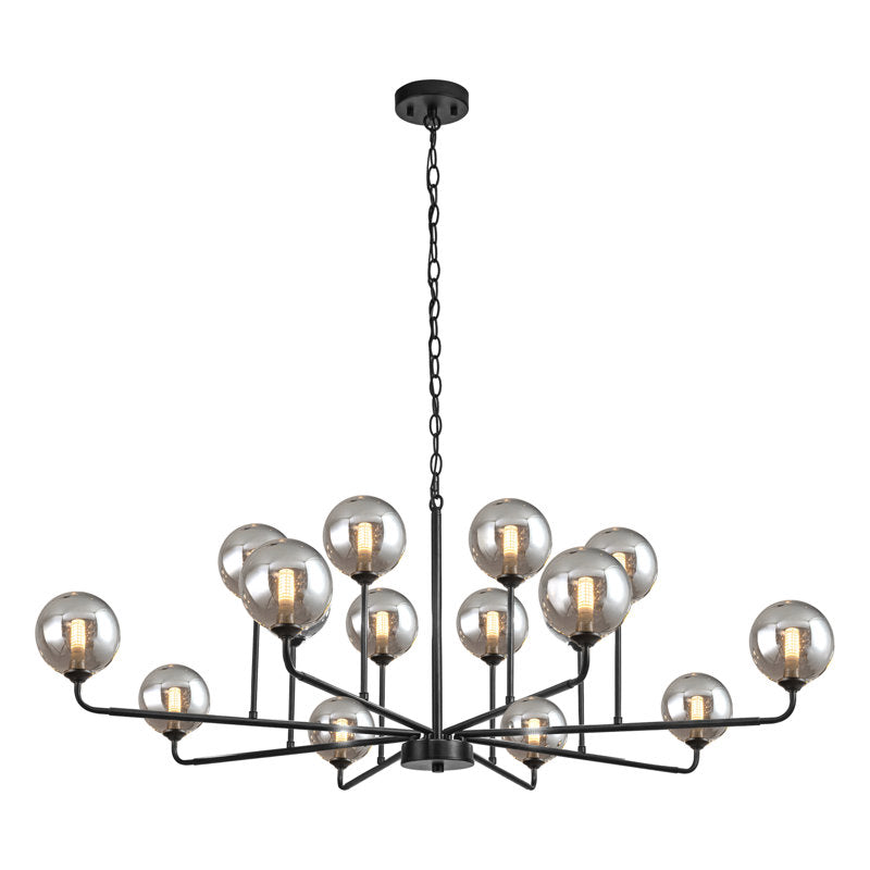 Sputnik Chandelier with 16 Lights and Gray Glass Shades in Matte Black