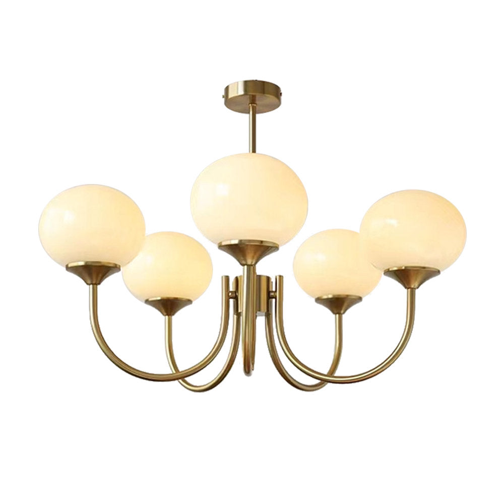 Sputnik Chandelier with White Frosted Glass Shades in Polished Brass
