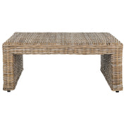 Square Coffee Table in Rattan Wicker and Solid Wood, Natural