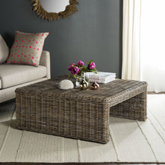 Square Coffee Table in Rattan Wicker and Solid Wood, Natural