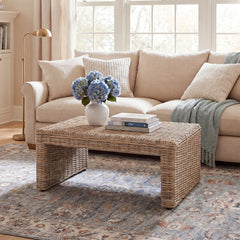 Square Coffee Table in Rattan Wicker and Solid Wood, Natural