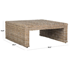 Square Coffee Table in Rattan Wicker and Solid Wood, Natural