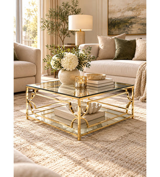 Square Coffee Table with Tempered Glass Top and Mirrored Shelf, High Polish Gold