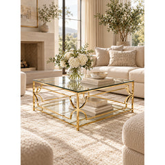 Square Coffee Table with Tempered Glass Top and Mirrored Shelf, High Polish Gold