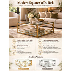 Square Coffee Table with Tempered Glass Top and Mirrored Shelf, High Polish Gold