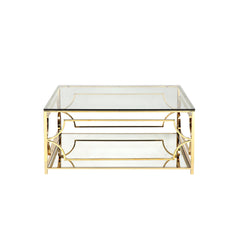 Square Coffee Table with Tempered Glass Top and Mirrored Shelf, High Polish Gold