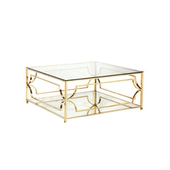 Square Coffee Table with Tempered Glass Top and Mirrored Shelf, High Polish Gold