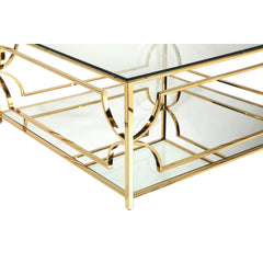 Square Coffee Table with Tempered Glass Top and Mirrored Shelf, High Polish Gold
