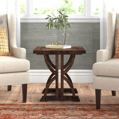 Square End Table, Oak Finish with Acacia Wood Trestle Base