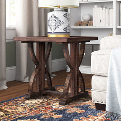 Square End Table, Oak Finish with Acacia Wood Trestle Base