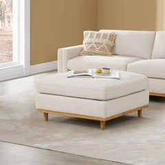 Square Ottoman in Linen Polyester with Natural Wood Legs