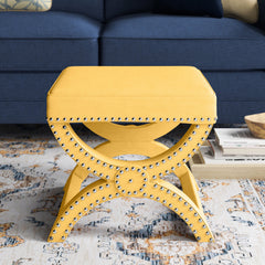 Square Ottoman in Yellow Polyester with Solid Wood Frame