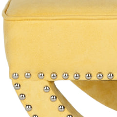Square Ottoman in Yellow Polyester with Solid Wood Frame